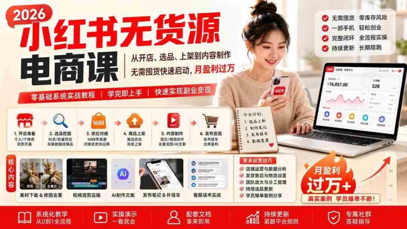 (20154期)小红书无货源电商课(8月30更新):从开店、选品、上架到内容制作,无需囤货快速启动,月盈利过万-有道网创