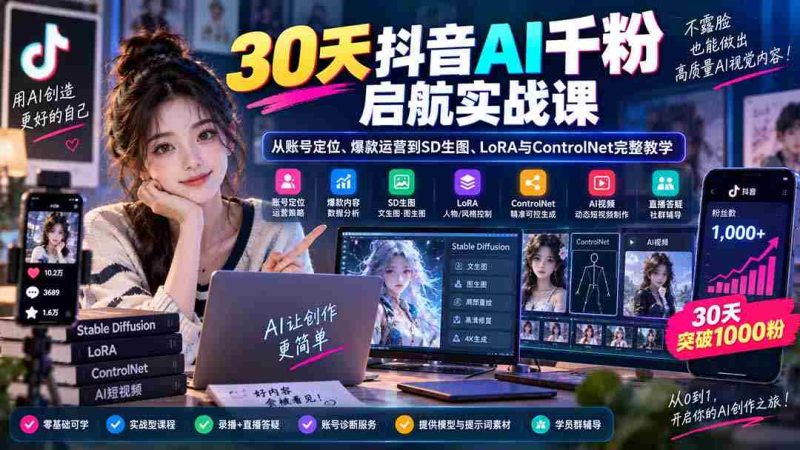 (20291期)30天抖音AI千粉启航实战课:从账号定位、爆款运营到SD生图、LoRA与ControlNet完整教学-有道网创