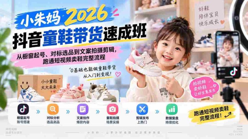 (20267期)小朱妈2026抖音童鞋带货速成班:从橱窗起号、对标选品到文案拍摄剪辑,跑通短视频卖鞋完整流程-有道网创