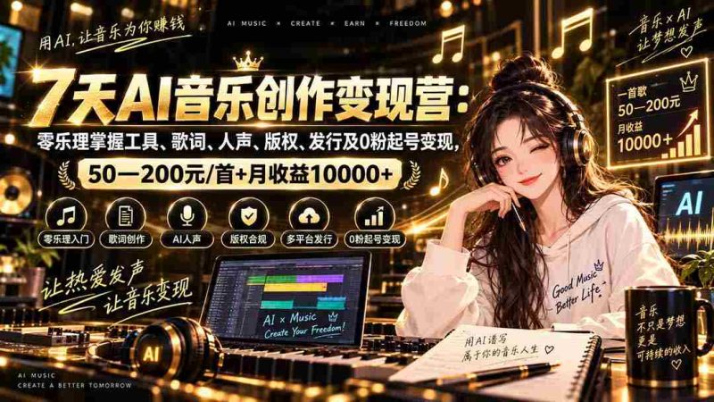 AI音乐创作变现营:零乐理掌握工具、歌词、人声、版权、发行及0粉起号变现,50—200元/首+月收益10000+-有道网创
