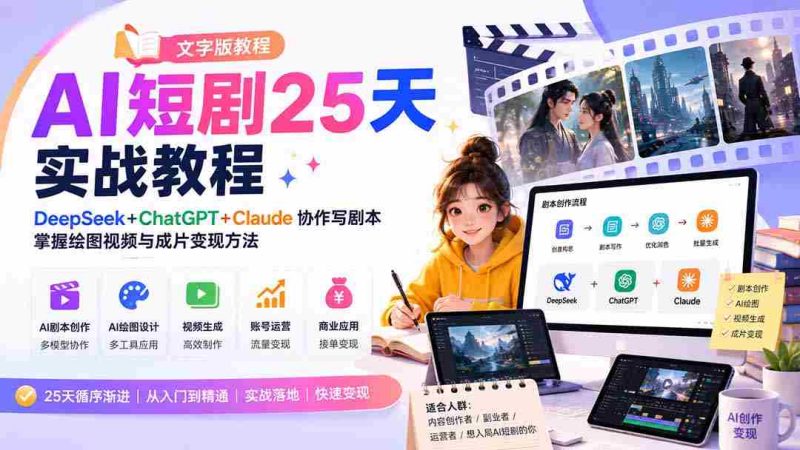 (20225期)AI短剧25天实战教程(文字版教程):DeepSeek+ChatGPT+Claude协作写剧本,掌握绘图视频与成片变现方法-有道网创