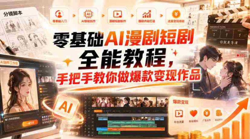 零基础AI漫剧短剧全能教程,从AI智能体搭建、文案脚本分镜、多平台AI生视频、剪映精修,覆盖全题材创作,手把手教你做爆款变现作品-有道网创