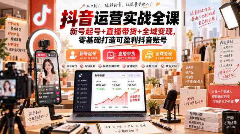 抖音运营实战全课｜新号起号+直播带货+全域变现，零基础打造可盈利抖音账号-有道网创