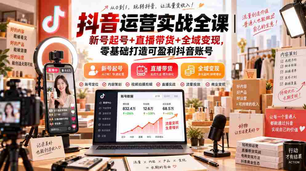 抖音运营实战全课｜新号起号+直播带货+全域变现，零基础打造可盈利抖音账号-有道网创