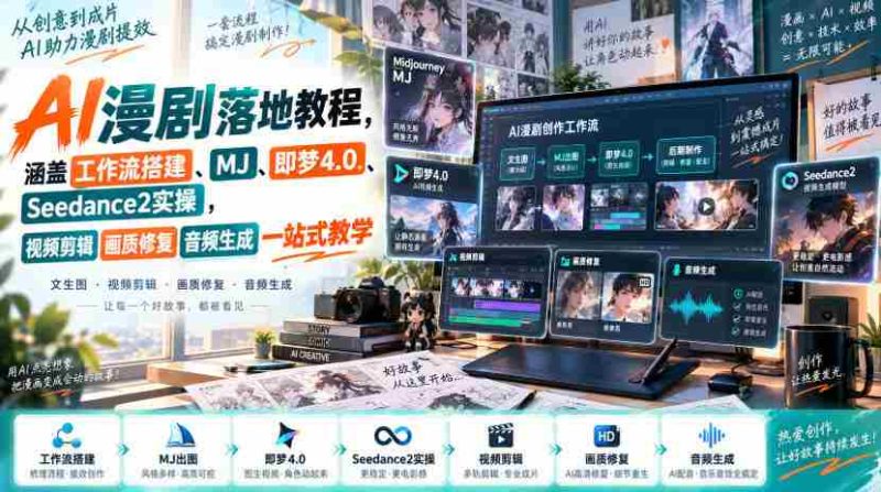 AI漫剧落地教程,涵盖工作流搭建、MJ、即梦4.0、Seedance2实操,视频剪辑画质修复音频生成一站式教学-有道网创