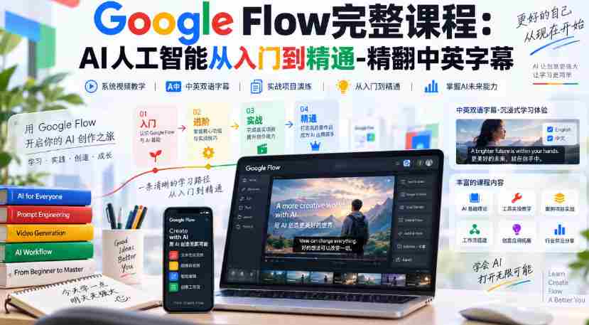 高清呈现】Google Flow全程教程：人工智能学习之路，从新手到高手，中英字幕全收录-有道网创