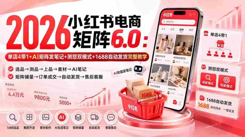 (20310期)2026小红书电商矩阵6.0:单店4带1+AI矩阵发笔记+测怼双模式+1688自动发货完整教学-有道网创
