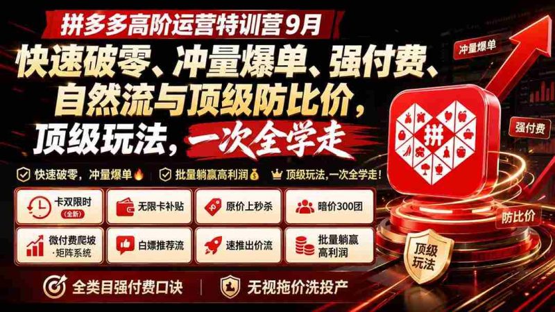 (20155期)拼多多高阶运营特训营9月:快速破零、冲量爆单、强付费、自然流与顶级防比价, 顶级玩法,一次全学走-有道网创