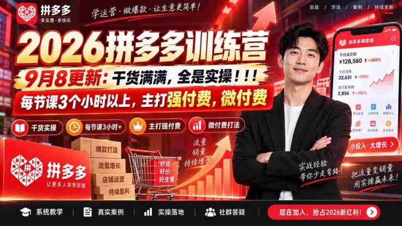 （20338期）2026拼多多训练营9月8更新：干货满满，全是实操！！！每节课3个小时以上，主打强付费，微付费-有道网创