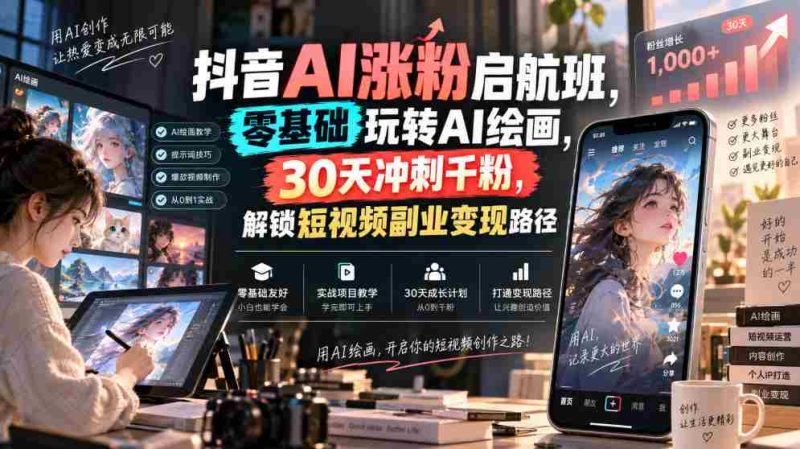 抖音AI涨粉启航班,零基础玩转AI绘画,30天冲刺千粉,解锁短视频副业变现路径-有道网创