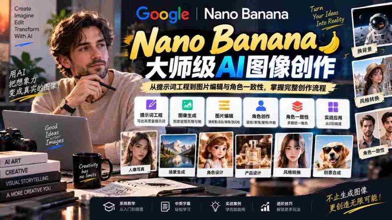 【无水印】Nano Banana大师级AI图像实战课:从提示词工程到图片编辑与角色一致性,掌握完整创作流程-有道网创