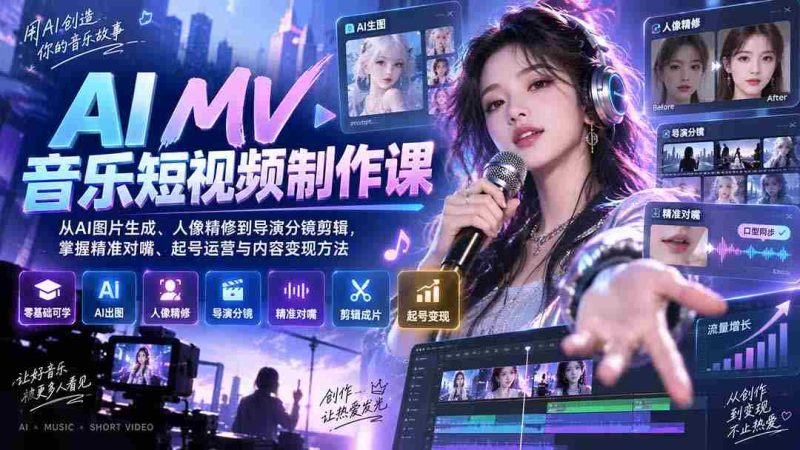 (20364期)AI MV音乐短视频制作课:从AI图片生成、人像精修到导演分镜剪辑,掌握精准对嘴、起号运营与内容变现方法-有道网创