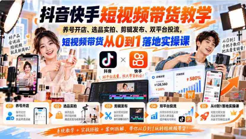 抖音快手短视频营销指南:养号开店技巧、选品拍摄策略、剪辑发布诀窍,双平台流量投放实操课程,带你轻松开启短视频带货之旅-有道网创