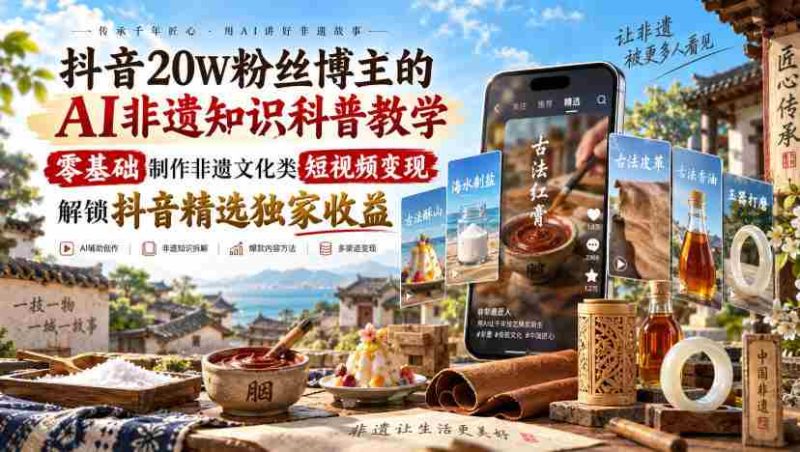 抖音20W粉丝博主的AI非遗知识科普教学,零基础制作非遗文化类短视频变现,解锁抖音精选独家收益-有道网创