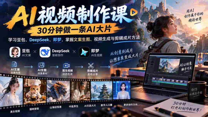 AI视频制作课-30分钟做一条AI大片:学习豆包、DeepSeek、即梦,掌握文案生图、视频生成与剪辑成片方法-有道网创