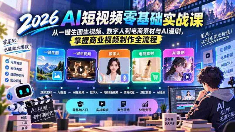 (20263期)2026AI短视频零基础实战课:从一键生图生视频、数字人到电商素材与AI漫剧,掌握商业视频制作全流程-有道网创