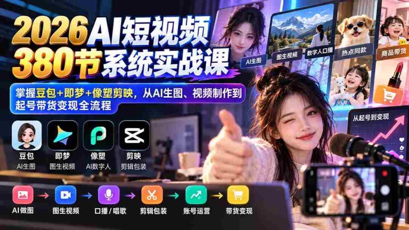 高清无码】2026年度AI短视频课程全集:豆包、即梦、像塑剪映一网打尽,AI绘图、视频制作到账号运营、带货盈利一站式教学-有道网创