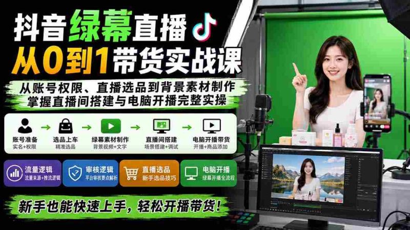 (20224期)抖音绿幕直播从0到1带货实战课:从账号权限、直播选品到背景素材制作,掌握直播间搭建与电脑开播完整实操-有道网创