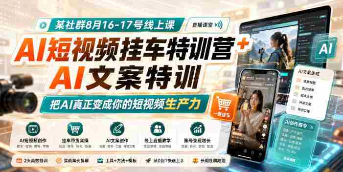 某社群8月16-17号线上课,AI短视频挂车特训营+AI文案特训,把AI真正变成你的短视频生产力-有道网创