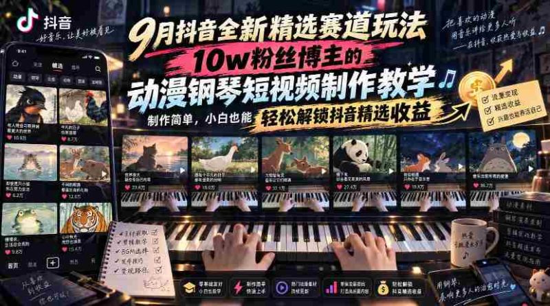 9月抖音全新精选赛道玩法,10w粉丝博主的动漫钢琴短视频制作教学,制作简单,小白也能轻松解锁抖音精选收益-有道网创