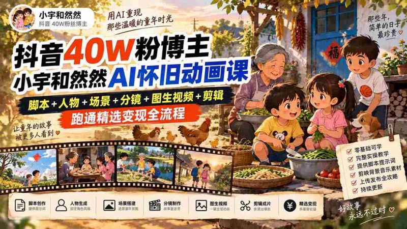 抖音40W粉博主小宇和然然AI怀旧动画课|脚本+人物+场景+分镜+图生视频+剪辑,跑通精选变现全流程-有道网创