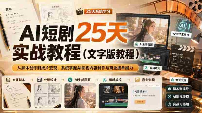 AI短剧25天实战教程(文字版教程),从脚本创作到成片变现,系统掌握AI影视内容制作与商业接单能力-有道网创