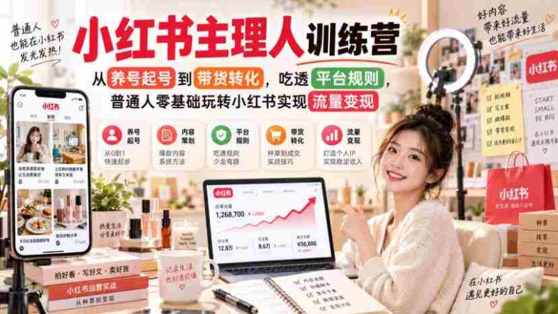 小红书主理人训练营,从养号起号到带货转化,吃透平台规则,普通人零基础玩转小红书实现流量变现-有道网创