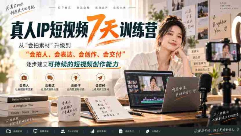 真人IP短视频7天训练营,从“会拍素材”升级到“会拍人、会表达、会创作、会交付”,逐步建立可持续的短视频创作能力-有道网创