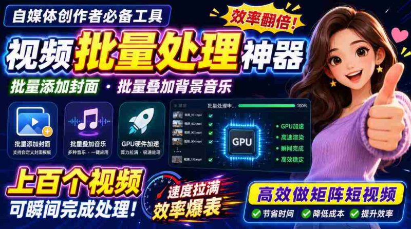 视频批量加封面,把封面添加到视频第一帧,不用剪辑软件批量添加-有道网创