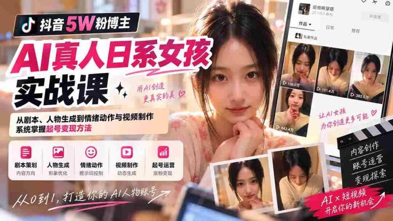 抖音5W粉博主AI真人日系女孩实战课:从剧本、人物生成到情绪动作与视频制作,系统掌握起号变现方法-有道网创