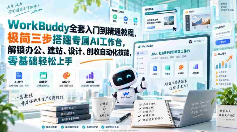 WorkBuddy全套入门到精通教程,极简三步搭建专属AI工作台,解锁办公、建站、设计、创收自动化技能,零基础轻松上手-有道网创