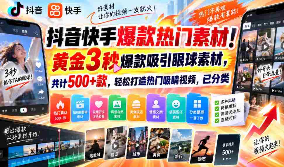 揭秘抖音快手爆款秘籍！精选3秒黄金素材，500+热门选择，轻松打造火眼金睛短视频，分类齐全！-有道网创