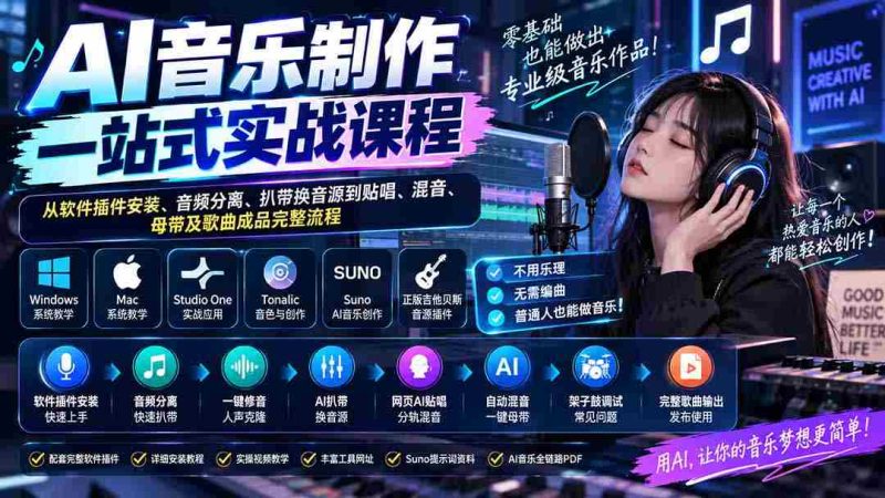 AI音乐制作一站式实战课程:从软件插件安装、音频分离、扒带换音源到贴唱、混音、母带及歌曲成品完整流程-有道网创