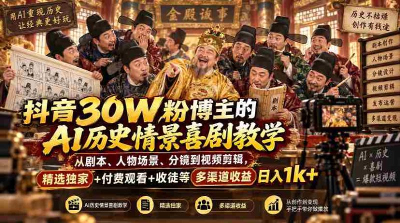 揭秘抖音红人AI历史剧创作全流程:剧本构思、角色搭建、镜头设计至剪辑技巧,独家分享+付费观看+学徒招募,日赚千元轻松实现-有道网创