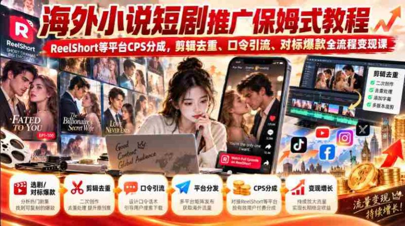 海外轻小说短视频营销指南：ReelShort等平台CPS收益解析，剪辑技巧、关键词引流、爆款对标，全方位变现课程攻略-有道网创