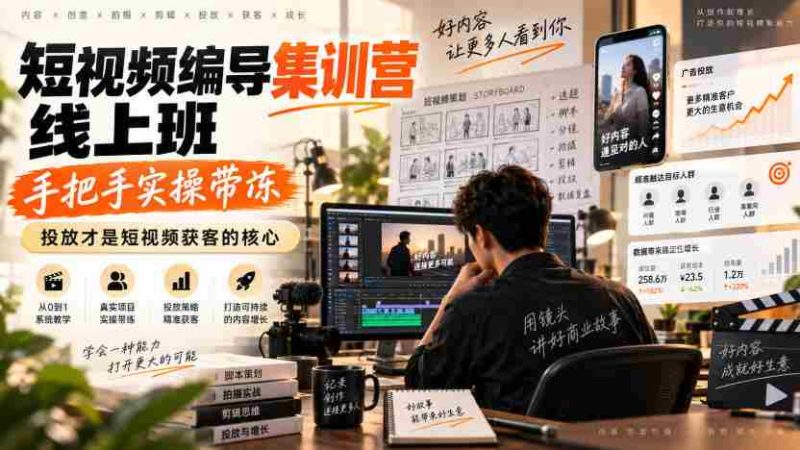 短视频编导集训营线上班,手把手实操带冻,投放才是短视频获客的核心-有道网创