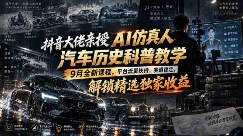 抖音大佬亲授AI仿真人汽车历史科普教学,9月全新课程,平台流量扶持,赛道稳定,解锁精选独家收益-有道网创