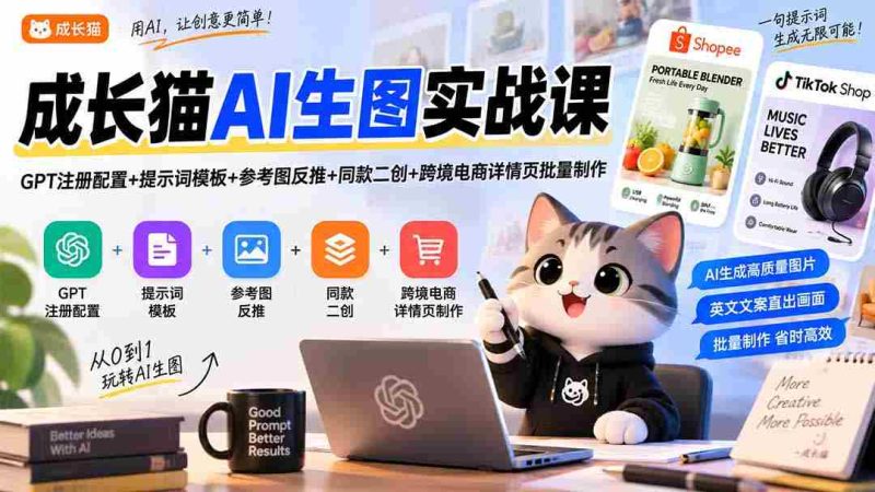 成长猫AI生图实战课|GPT注册配置+提示词模板+参考图反推+同款二创+跨境电商详情页批量制作-有道网创