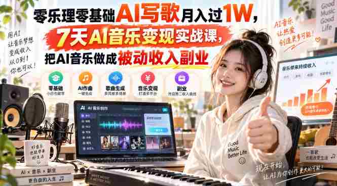 零乐理零基础AI写歌月入过1W，7天AI音乐变现实战课，把AI音乐做成被动收入副业-有道网创