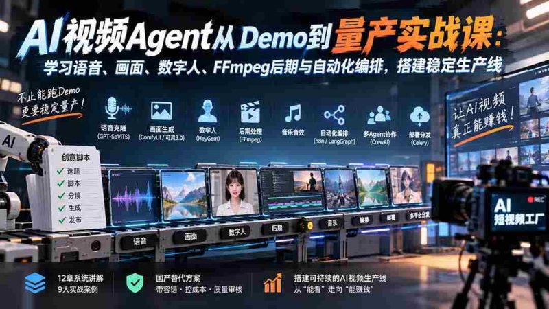 AI视频Agent从Demo到量产实战课:学习语音、画面、数字人、FFmpeg后期与自动化编排,搭建稳定生产线-有道网创