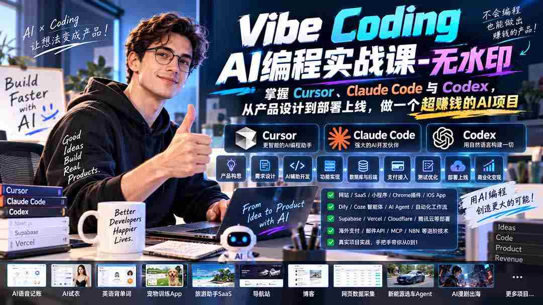 Vibe Coding AI编程实战课-无水印：掌握Cursor、Claude Code与Codex，从产品设计到部署上线，做一个超赚钱的AI项目-有道网创