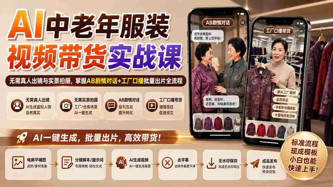 （20198期）AI中老年服装视频带货实战课：无需真人出镜与实景拍摄，掌握AB剧情对话+工厂口播批量出片全流程-有道网创