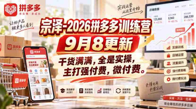 宗泽-2026拼多多训练营9月8更新,干货满满,全是实操,主打强付费,微付费-有道网创