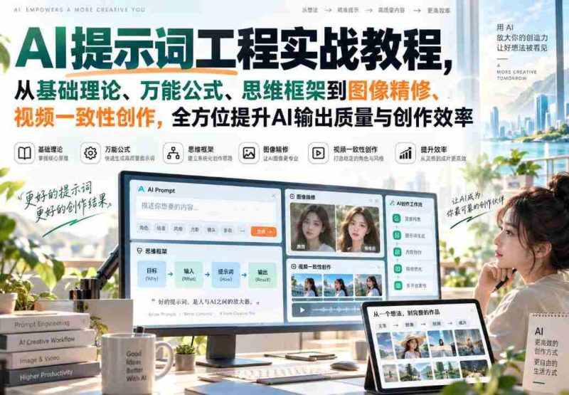 AI提示词工程实战教程,从基础理论、万能公式、思维框架到图像精修、视频一致性创作,全方位提升AI输出质量与创作效率-有道网创
