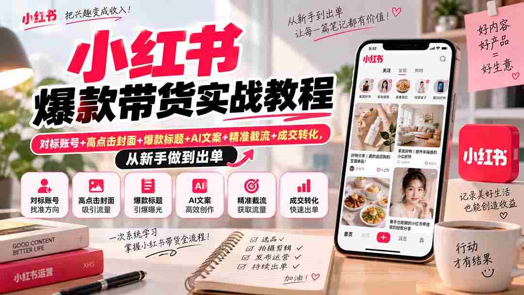 小红书爆款带货实战教程｜对标账号+高点击封面+爆款标题+AI文案+精准截流+成交转化，从新手做到出单-有道网创
