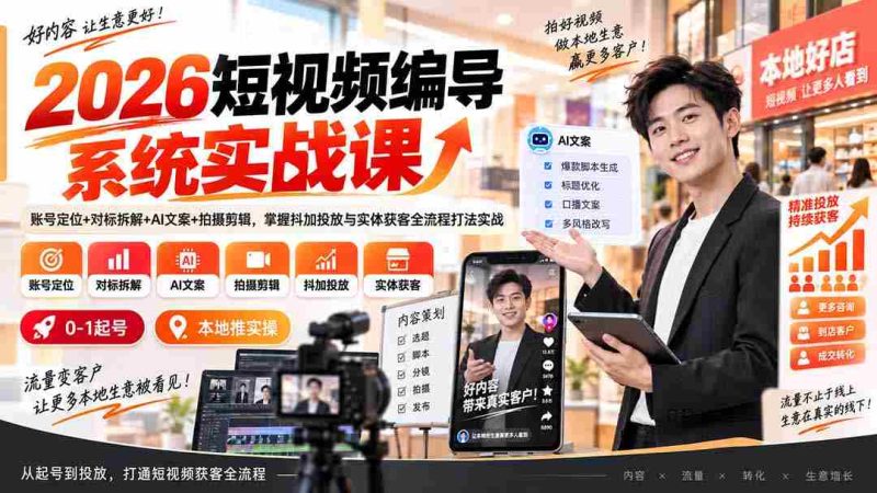 (20305期)2026短视频编导系统实战课:账号定位+对标拆解+AI文案+拍摄剪辑,掌握抖加投放与实体获客全流程打法实战-有道网创