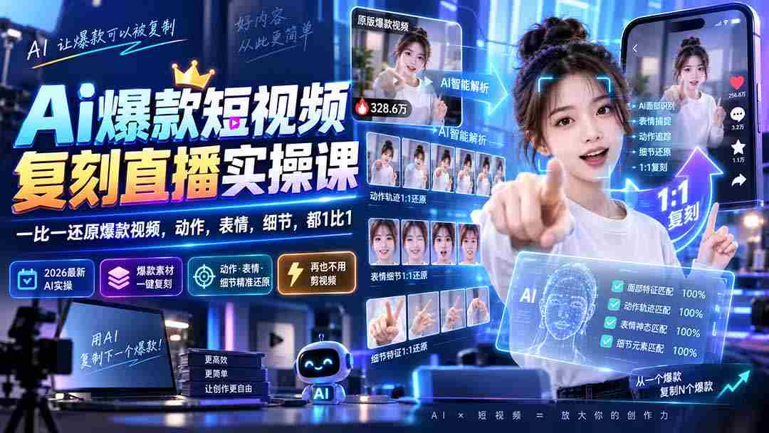 （20304期）最新Ai爆款短视频复刻直播实操课，一比一还原爆款视频，动作，表情，细节，都1比1-有道网创
