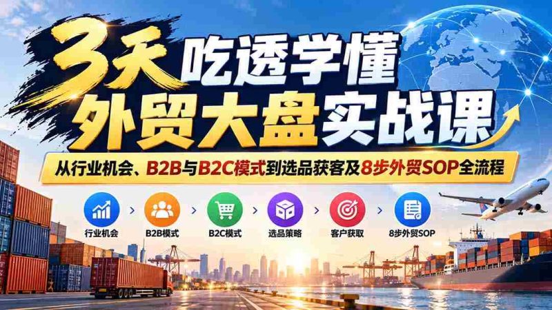仅需三天,外贸实战课程助你精通行业机遇与B2B、B2C策略,精选产品与客户,掌握8步外贸操作流程精髓-有道网创