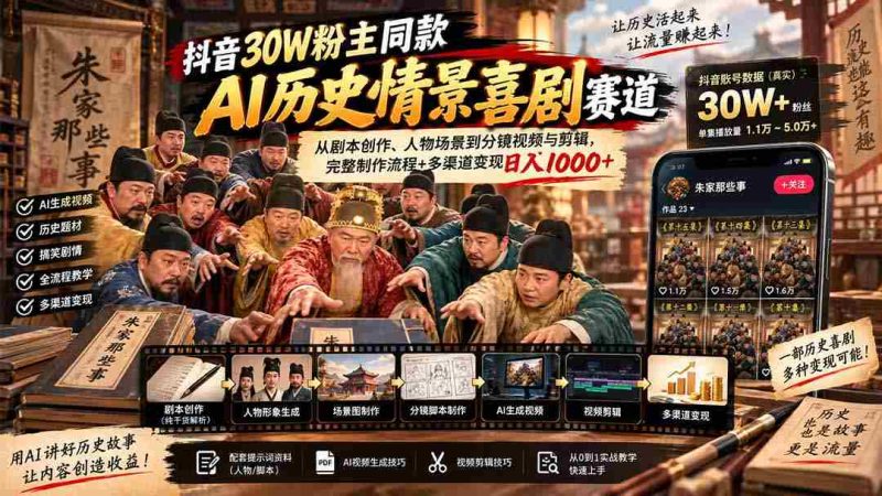 揭秘抖音30万粉丝博主热推AI历史喜剧:剧本到剪辑全流程解析,轻松日赚千元的多元变现之道-有道网创