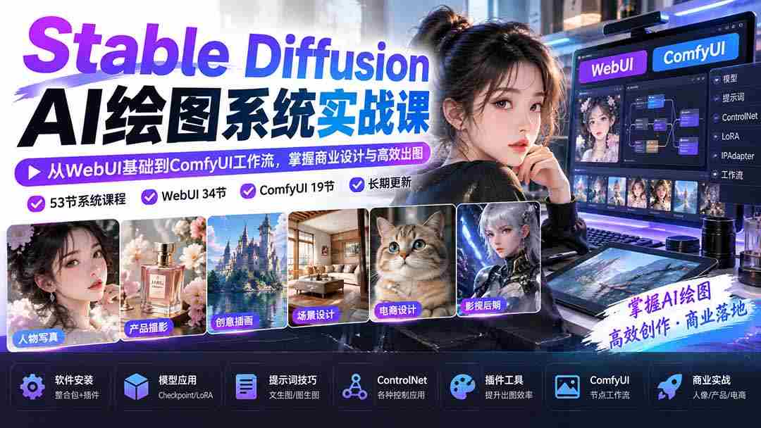 探索Stable Diffusion AI绘图奥秘：从WebUI入门到ComfyUI高效流程，商业设计技能轻松提升-有道网创